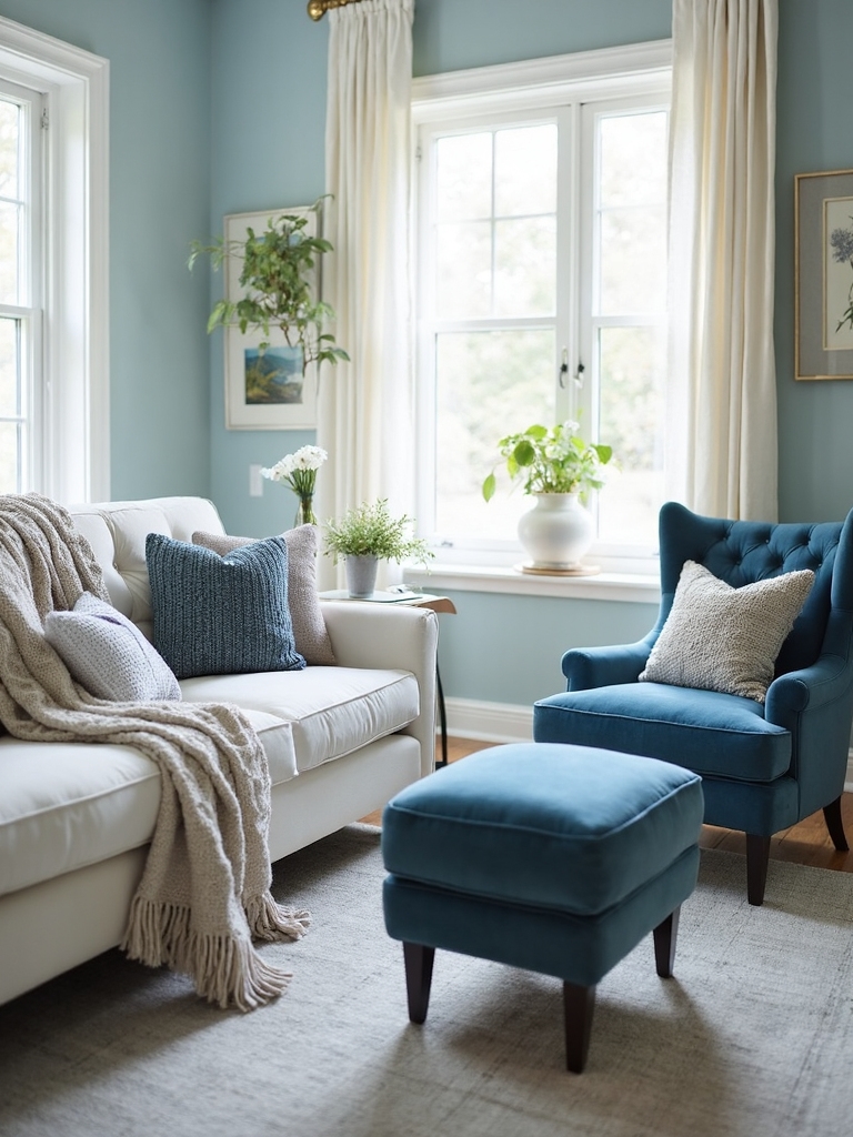 blue accents enhance warmth