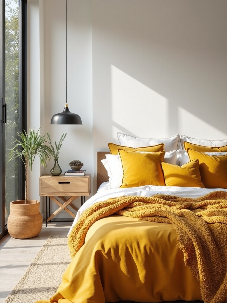 bright yellow bedding accents