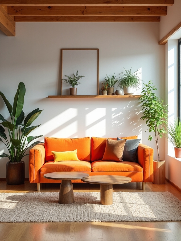 natural wood accents enhance orange sofas