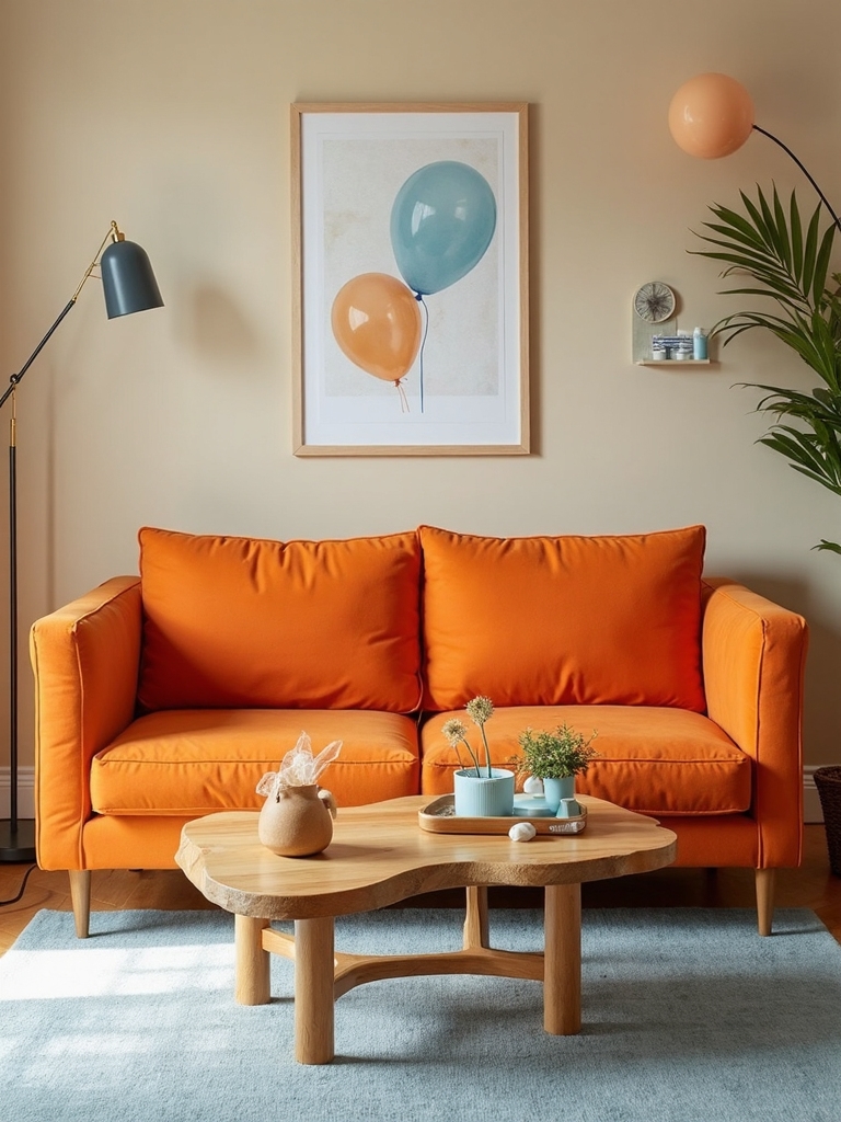 orange couches neutral walls