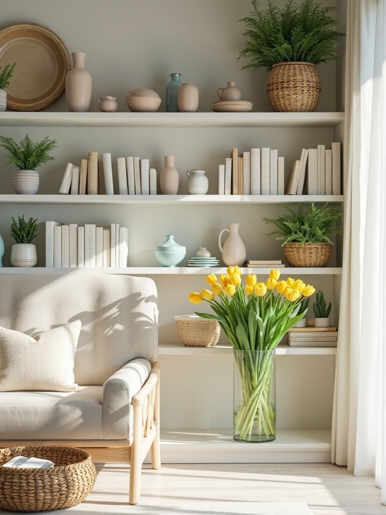 spring themed bookshelf decor